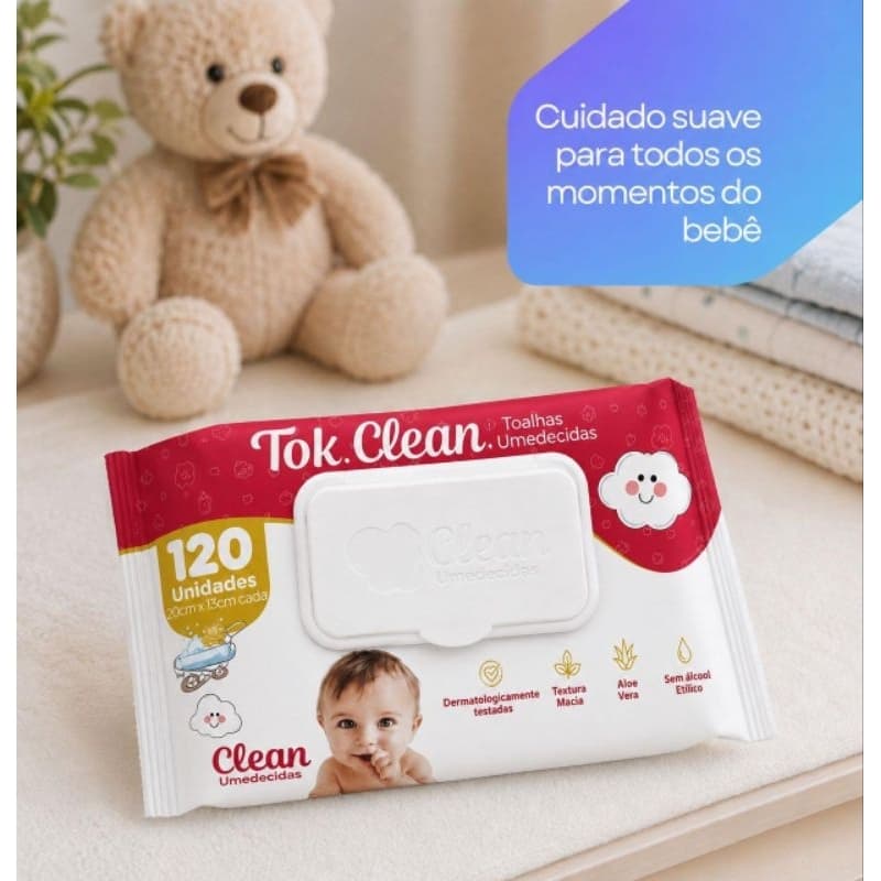 Toalhas Umedecidas Tok Clean 120 Lenços Bebê Limpeza Suave Sem Álcool com Aloe Vera