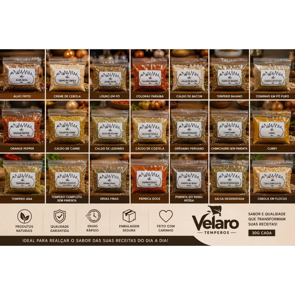 Kit 21 Temperos 30g Velaro Completo Condimentos Especiarias Alho Frito Lemon Pepper Curry Paprica Defumada Caldo de Carn