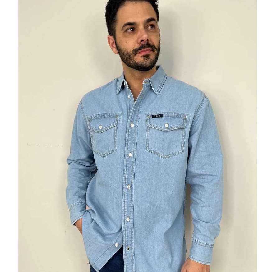 Camisa Jeans Vilejack Masculina Manga Longa Premium Slim Top Elegante Regular Com Bolsos Social Country