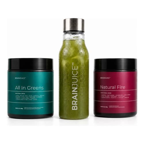 Kit Wellness Pack Brainjuice Suplemento All In Greens + Pré Treino Natural Fire + Garrafa Premium de Treino