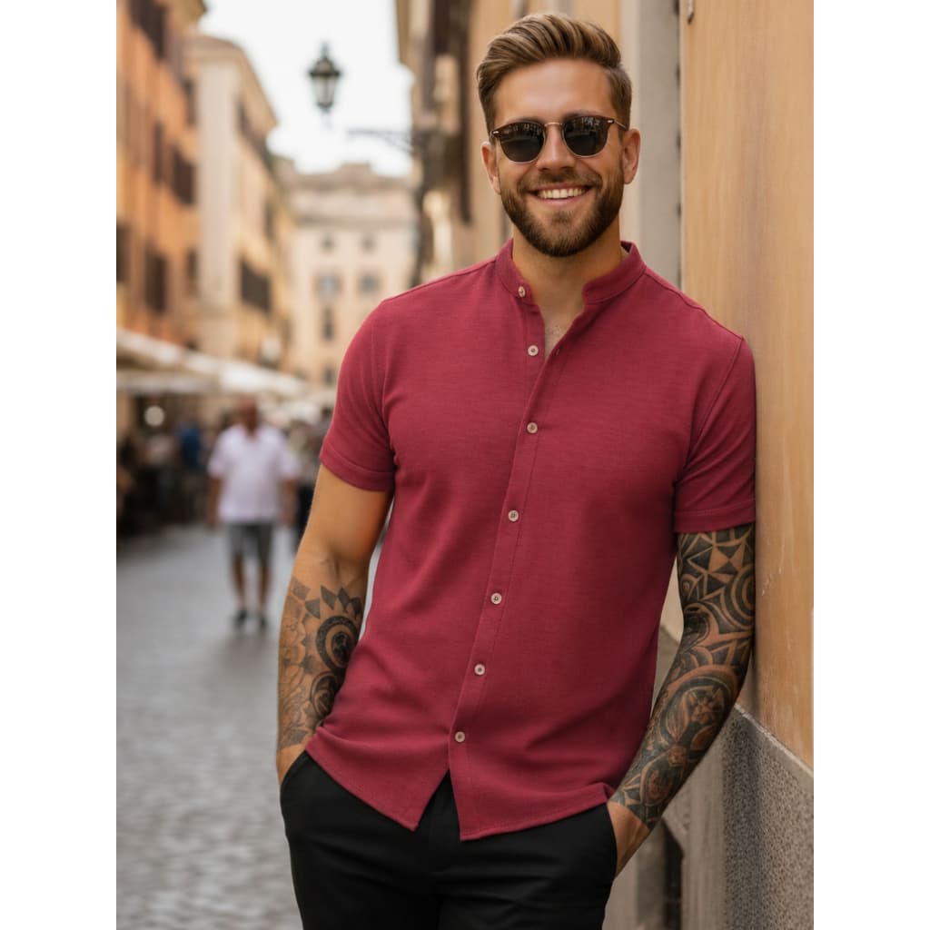 Camisa Social Masculina Slim Fit Gola Padre Manga Curta