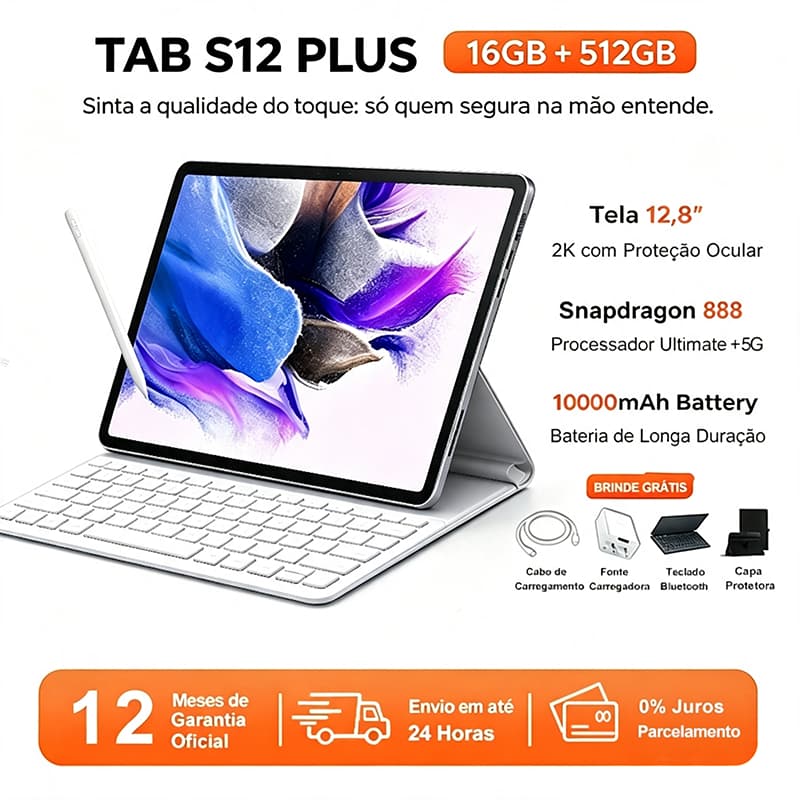 Tablet S12 Plus 16GB RAM 512GB | Android 15 | Tela 12.8" FHD | Bateria 10000mAh | Snapdragon 888