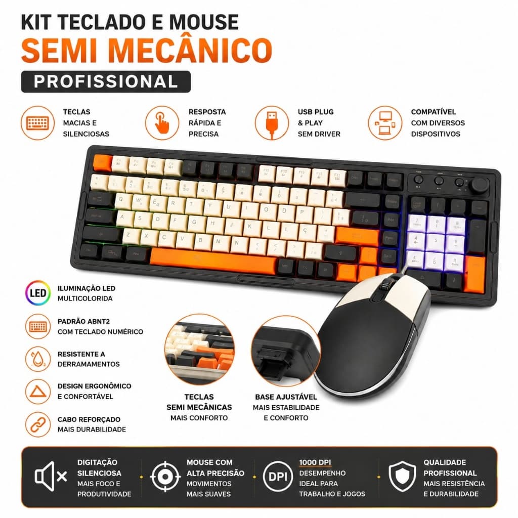 Kit Teclado e Mouse Gamer RGB Semi Mecânico 98 Teclas com Fio USB Controle de Volume