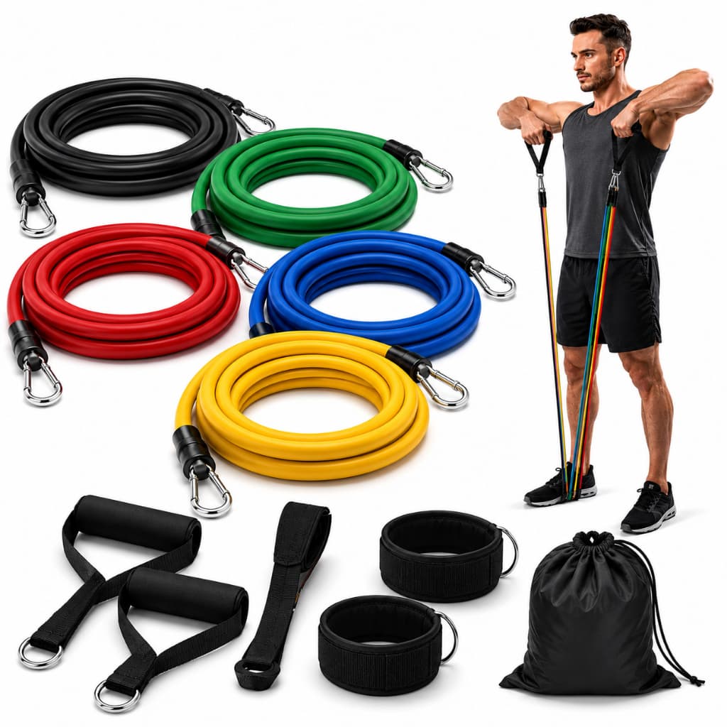 Kit Elástico de Resistência 11 Peças Musculação Academia Treino Funcional Exercícios Fitness em Casa Pilates
