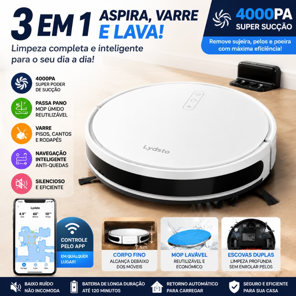 Robô Aspirador de Pó 3-em-1 Lydsto G1 Inteligente para Limpeza e Recarga Automática Varre Aspira e Passa Pano Bivolt