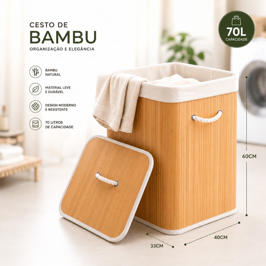 Cesto de Roupa Bambu 70L com Tampa e Alças  para Banheiro Organizador Lavanderia Quarto e Sala