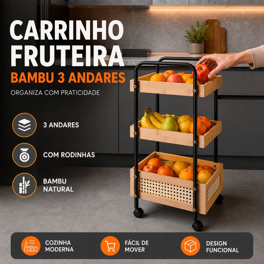 Carrinho Organizador 3 Andares em Bambu e Aço Com Rodinhas Multiuso para Casa, Cozinha, Lavanderia Escritório, Salão