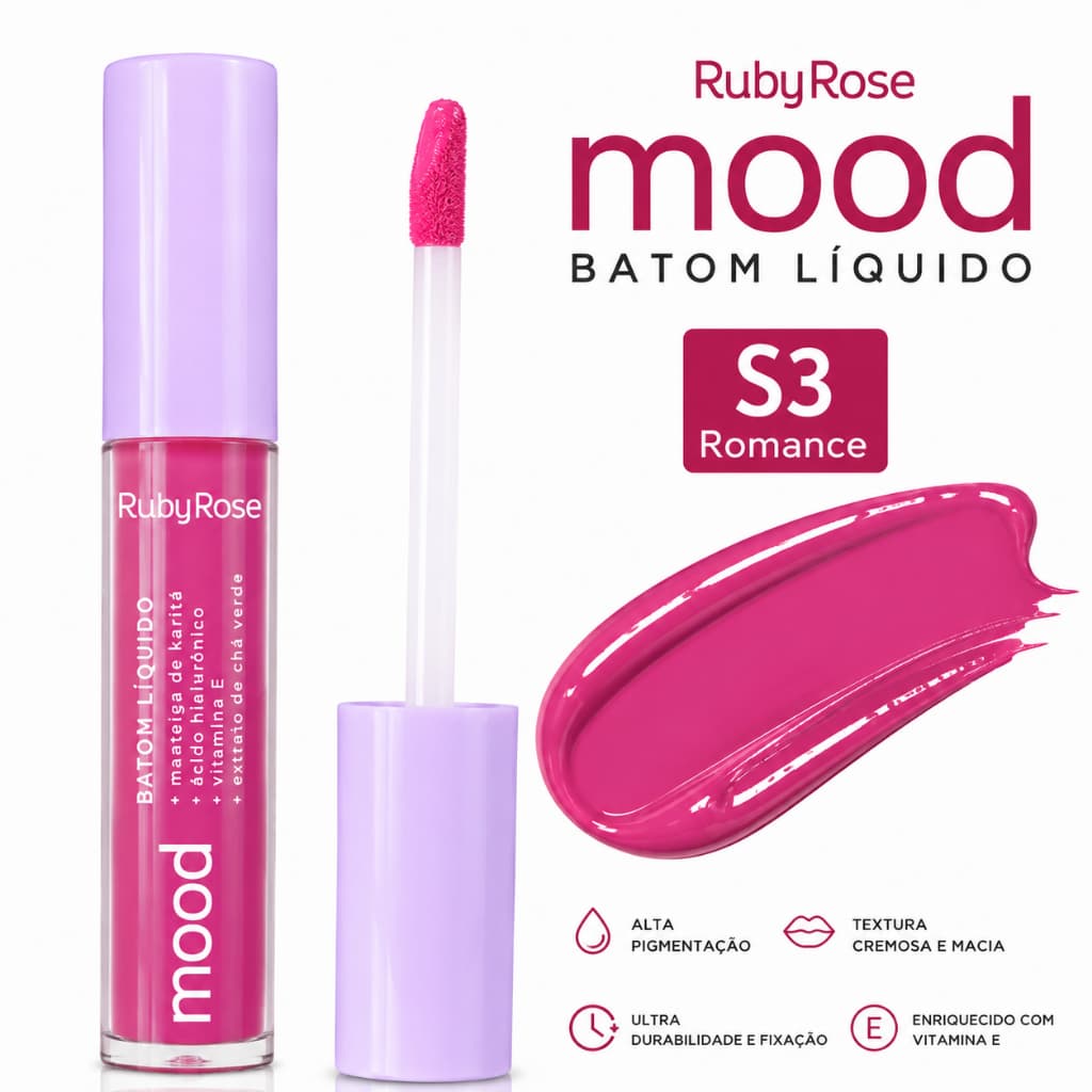 Batom Líquido Matte Mood Ruby Rose - Alta Pigmentação / Acido Hialurônico / Vitamina E / Cor S3 Romance