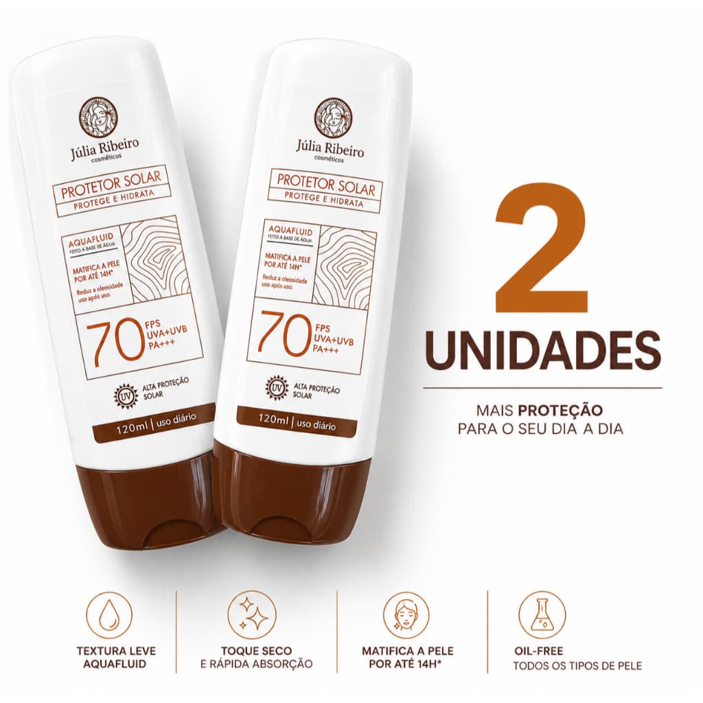 Kit 2 Protetores Solares FPS 70 120ml Uso Diário, rosto e corpo, resistente a agua, toque seco