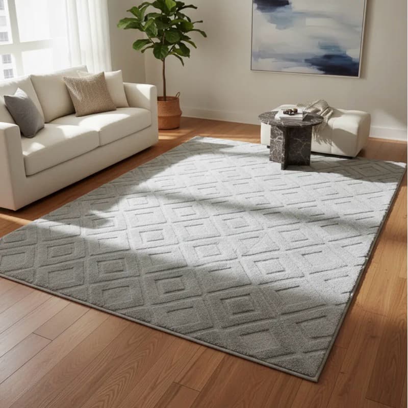 Tapete Sala Antiderrapante Jacquard Com Relevo Geométrico sem Pelo