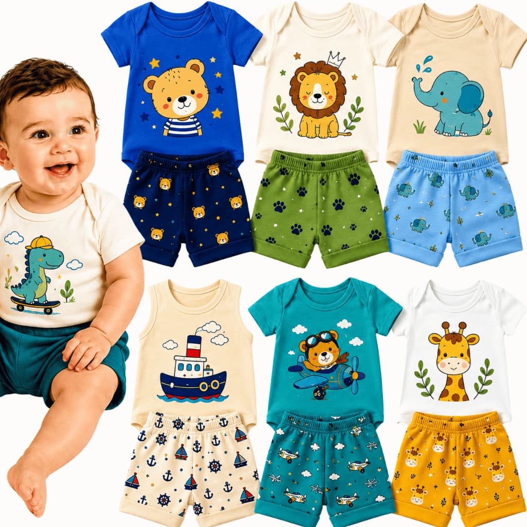 Kit 10 Peças Conjunto Bebê Menino Body e Short Algodão Roupa Bebê Verão RN P M G Enxoval