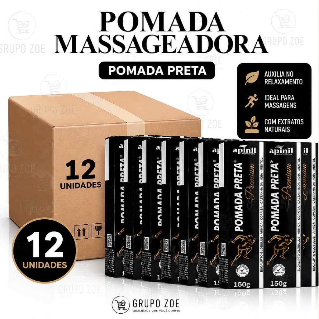 Pomada gel massageador preta premium Bisnaga kit com 12unidades