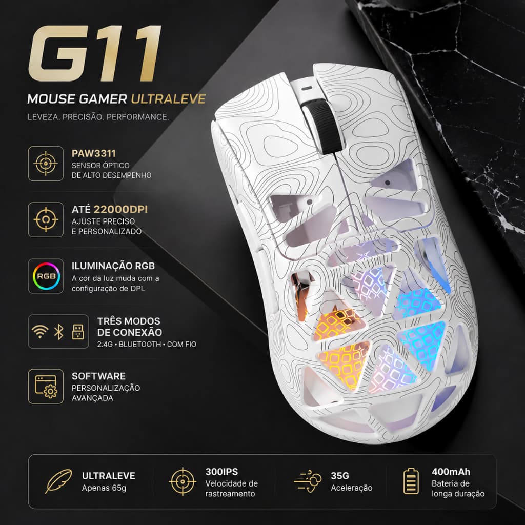 G11 Mouse Gamer software 2.4G BT USB PAW3311 22kDPI 1kHz 400mAh RGB Botão de Fogo Rápid PC Notebook Mac Xbox Tablet