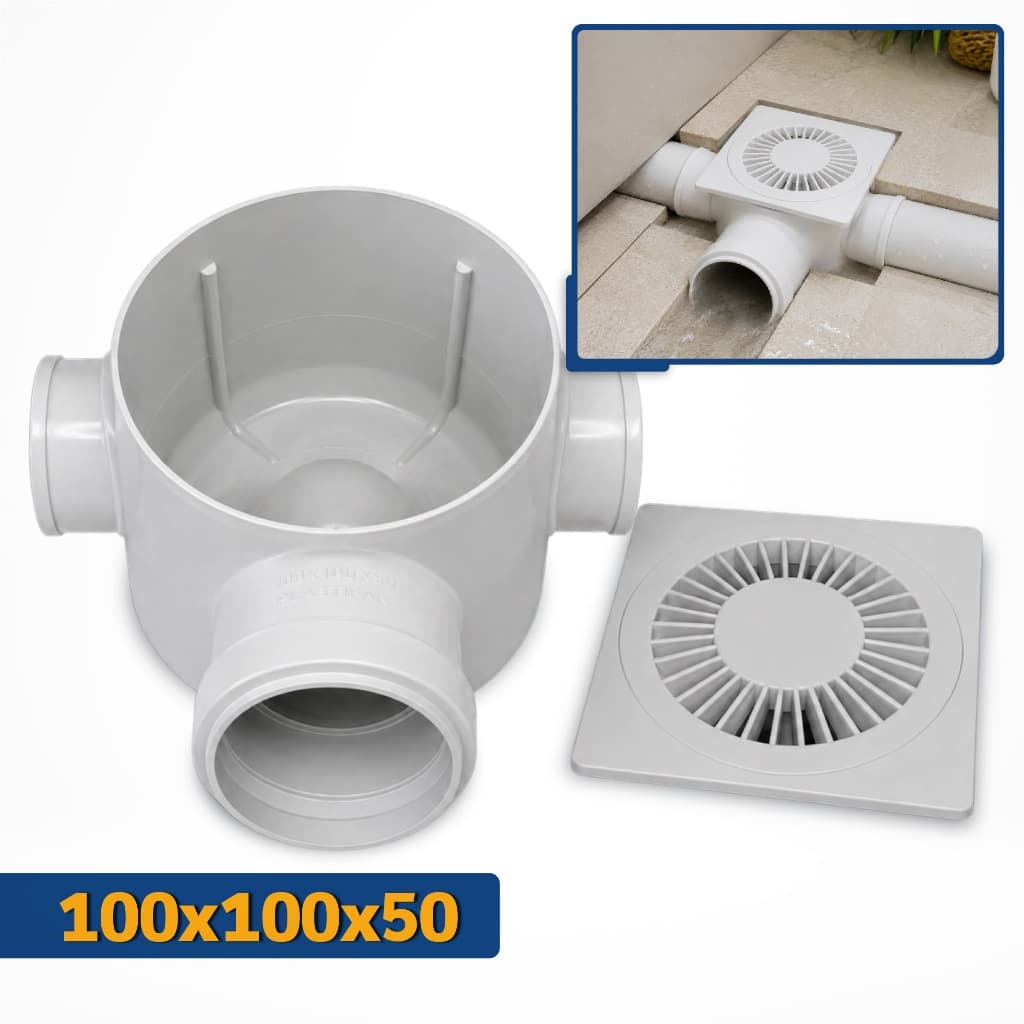 Caixa Sifonada Ralo Grelha Quadrado PVC 100x100x50mm 3 Entradas
