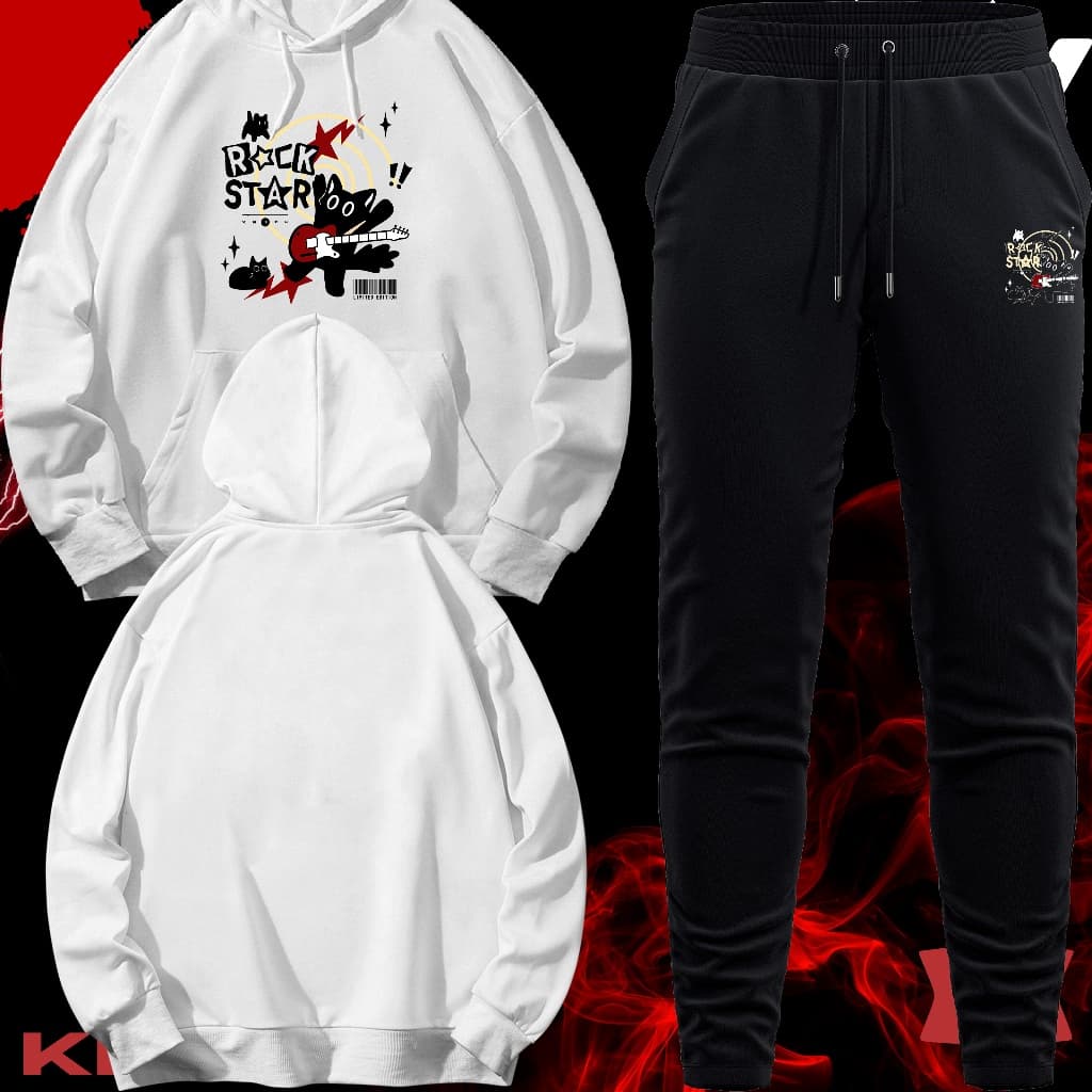 Conjunto Moletom Unissex Adulto Blusa de Frio Canguru e Calça Personalizada Estampa GATO ROCK STARS