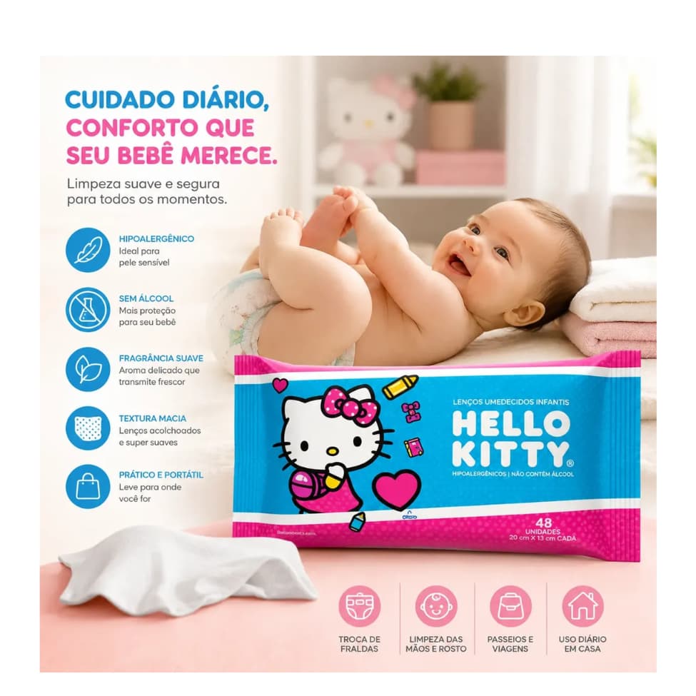 Toalha Lenço Umedecido Hello Kitty Infantil Sem Alcool 48 Un