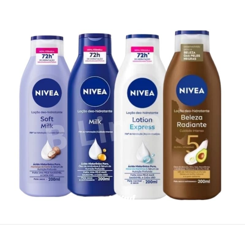 Kit 04 Hidratantes NIVEA Milk + Lotion + Soft + Beleza Radiante com 200ml cada 72 hs Hidratação