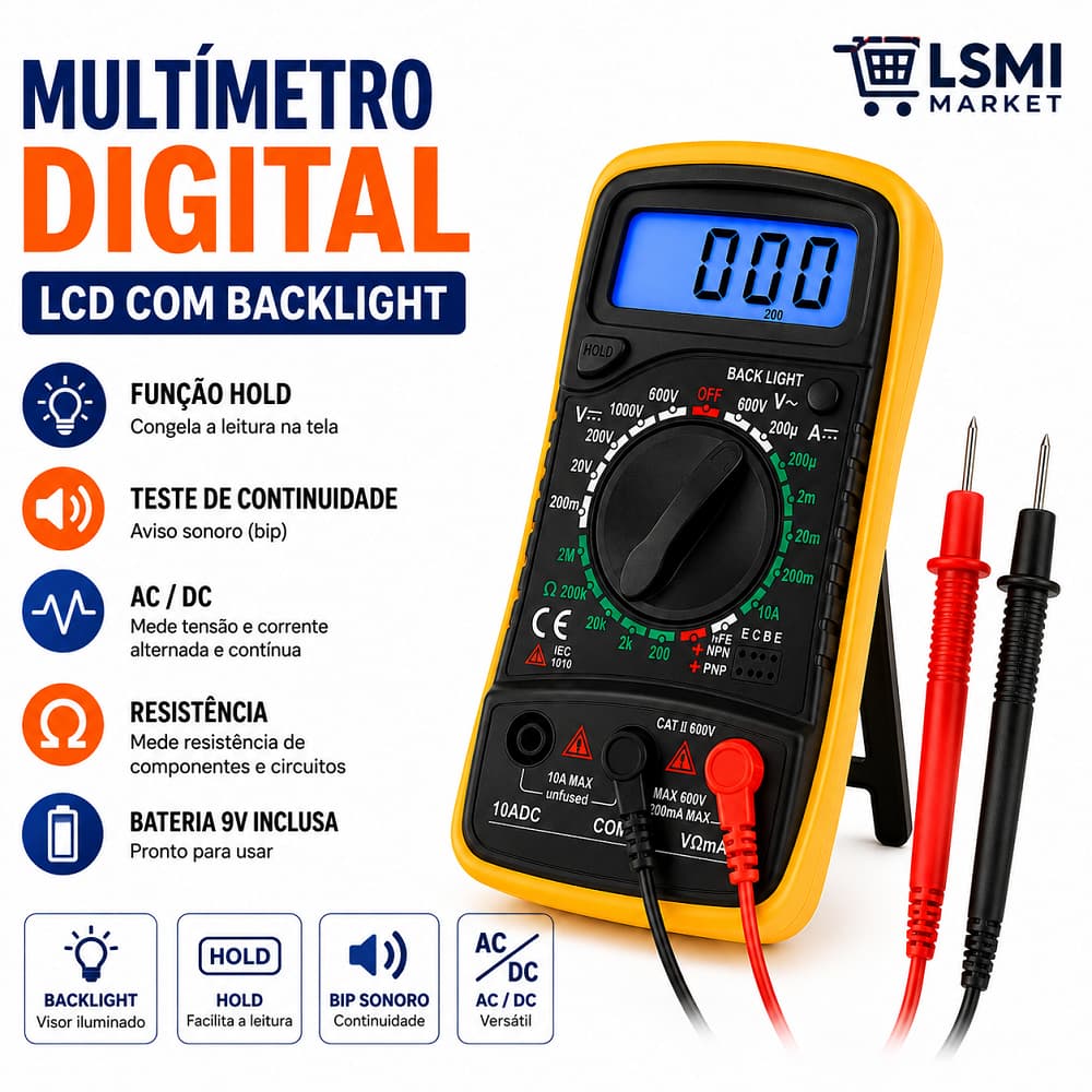 Multímetro Digital Portátil LCD com Backlight Função Hold Teste de Continuidade AC DC Resistência Pontas de Prova