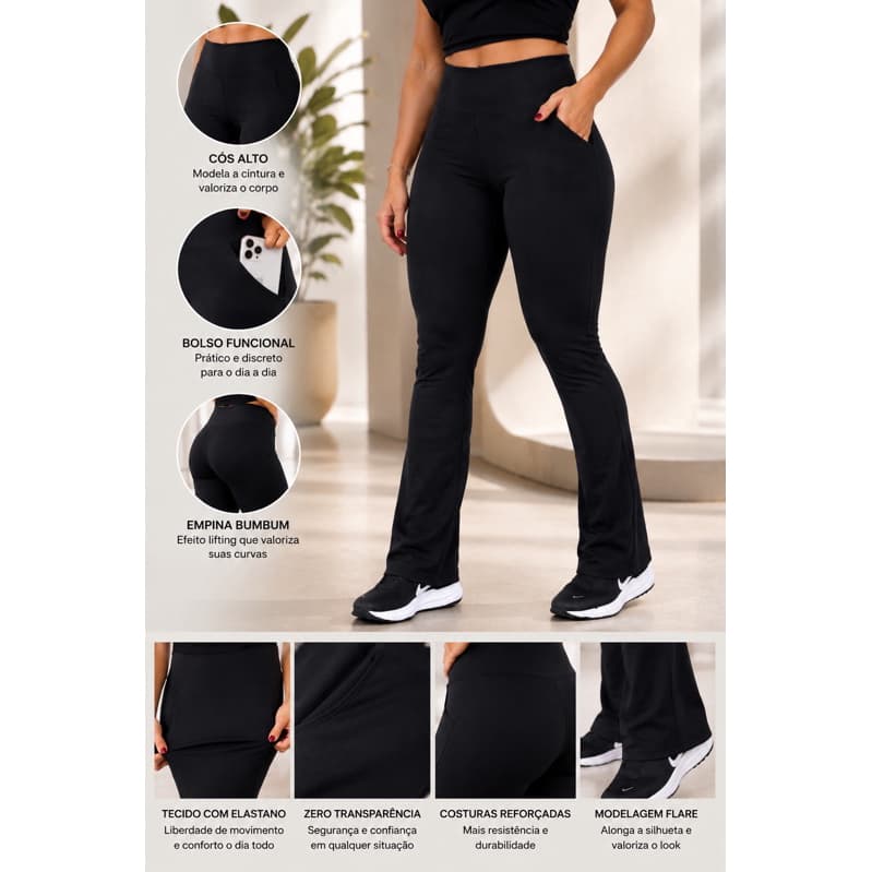 Calça Flare Feminina com Bolso Flanelada Cós Alto Zero Transparência Boca de Sino Legging Fitness