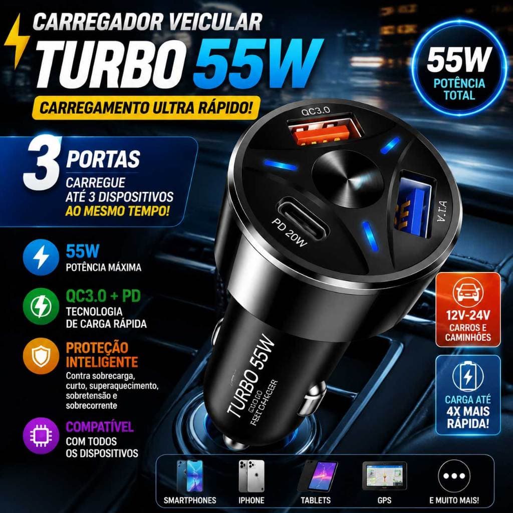 Carregador Veicular Turbo 55W USB-C PD + QC3.0 3 Portas USB Carregador Rápido Celular Carro 12V 24V iPhone Android