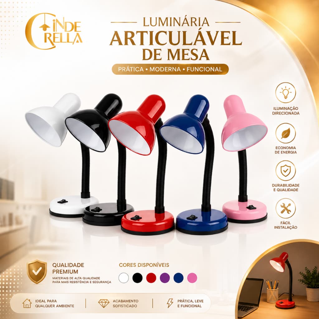 Luminária Articulável de Mesa Estudo Escritório Abajur LED Bocal E27