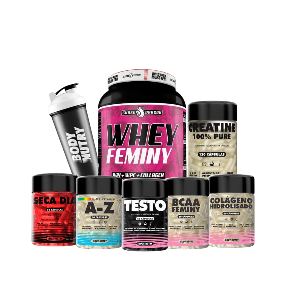 Kit Feminino - Whey Protein 907g + Creatina 120c + BCAA  + Colágeno + Testo + Cafeina + My Hair