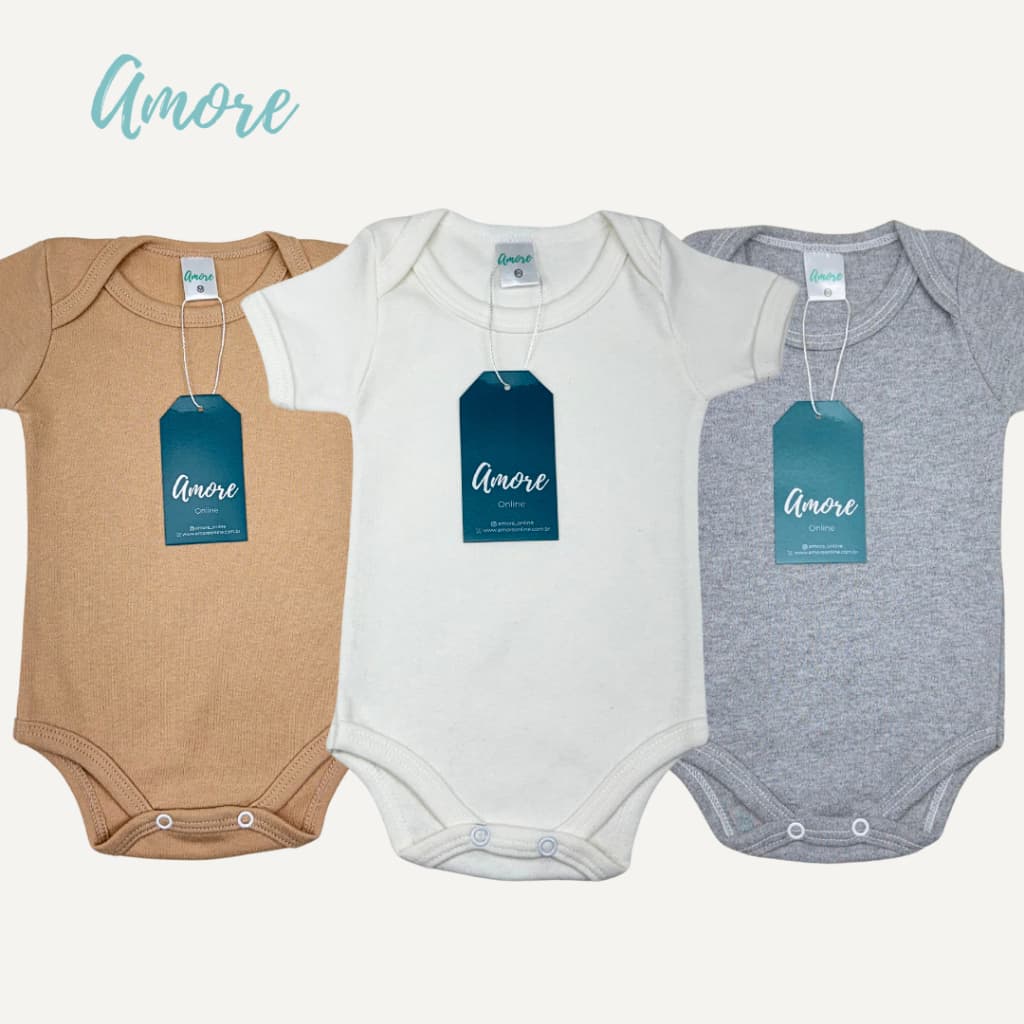 Roupa de Bebê Kit 3 Body Manga Curta Neutro Amore Menina Menino 100% Algodão