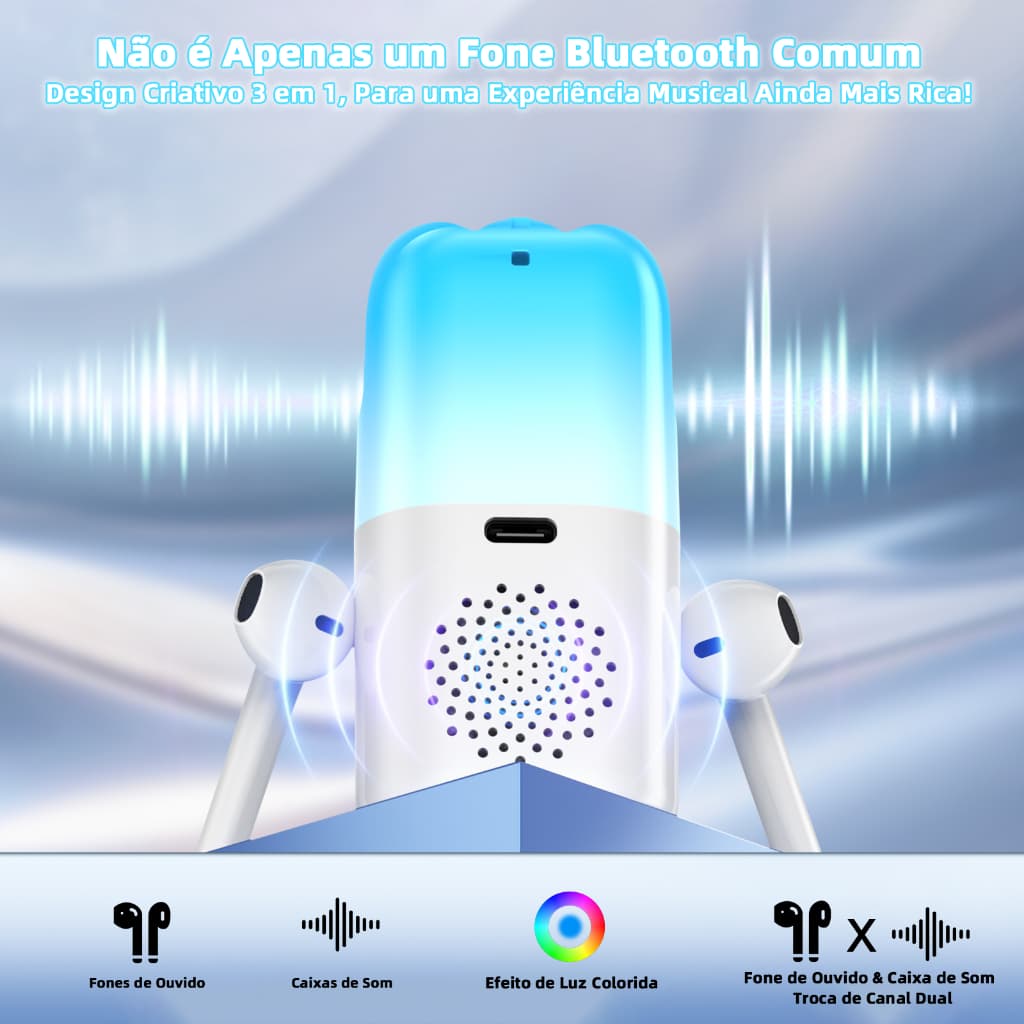 3 em 1 Fone de Ouvido Sem Fio+Speaker Com Cancelamento De Ruído Bluetooth 5.4Pop-Up para iOS e Android