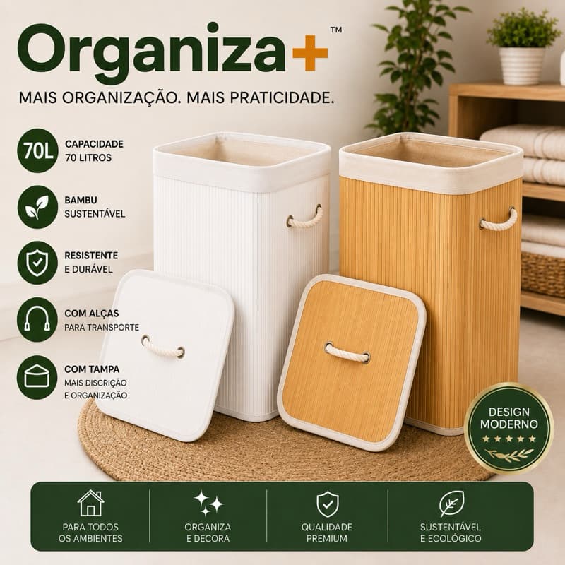 Cesto Organizador Branco e Bambu Organiza+ 70L Bambu com Tampa e Alças Roupa Suja Lavanderia Banheiro Quarto Dobrável