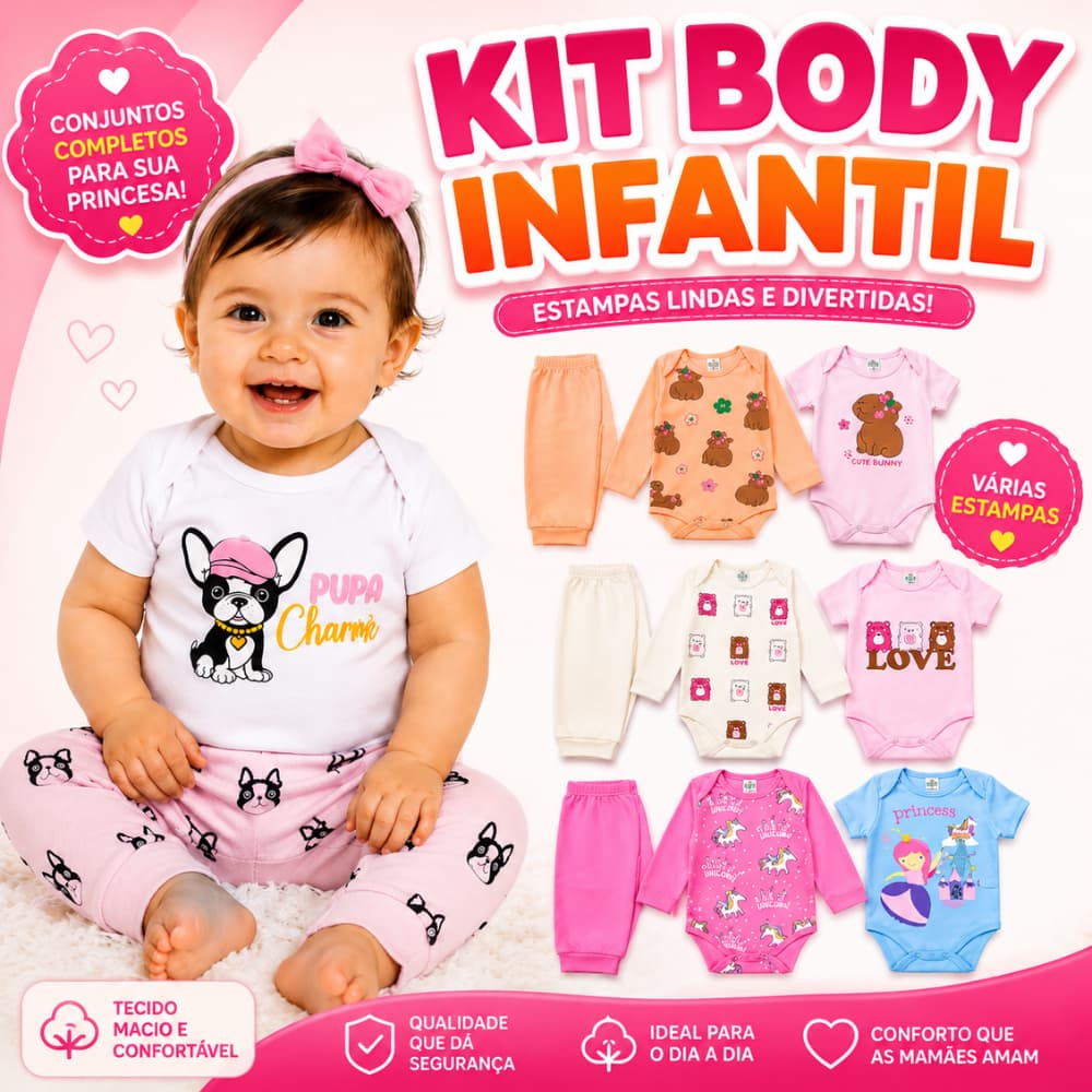 Kit Body Bebê Menina 6, 9, e 12 Peças Body Manga Curta Manga Longa Calça Mijão Algodão Enxoval Bebê