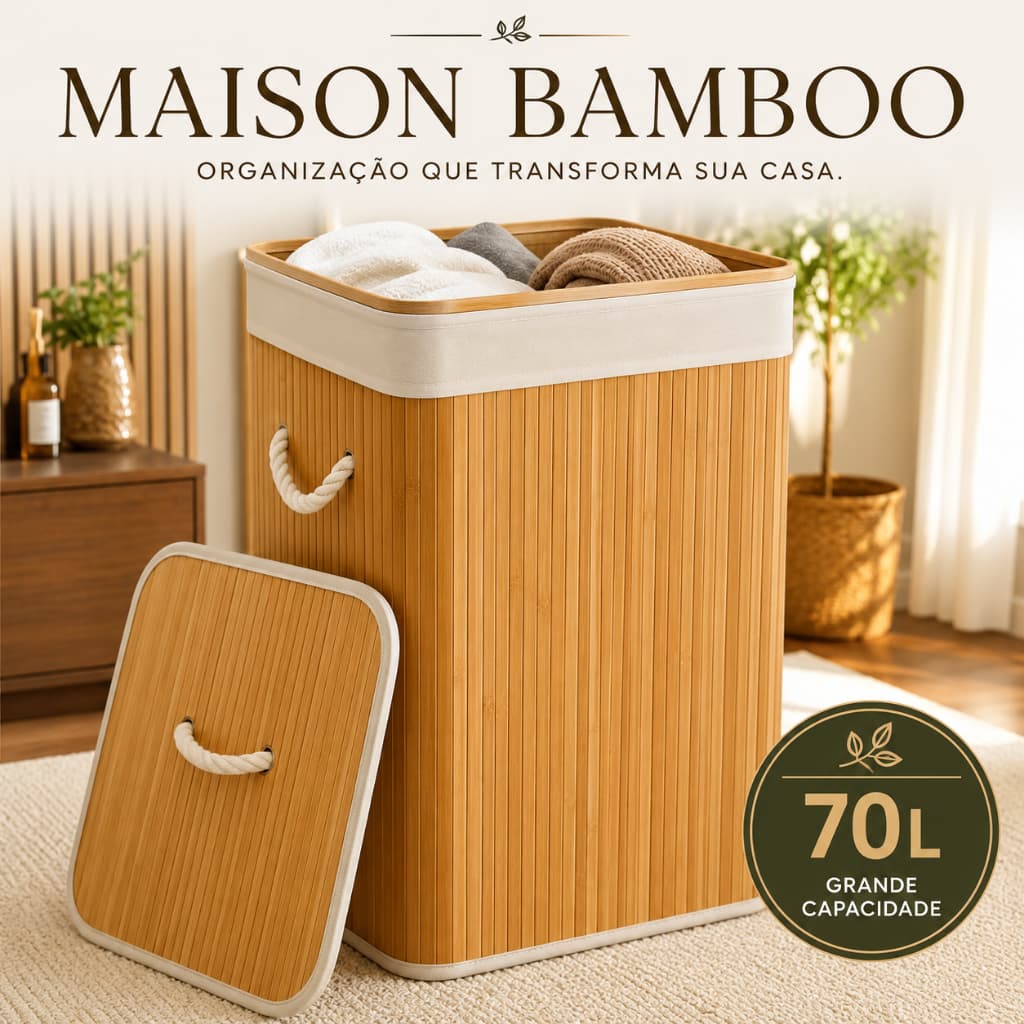 # Cesto Organizador de Roupas 70 Litros Bambu Natural com Tampa e Alças – Grande para Quarto, Banheiro, Closet e Lavande