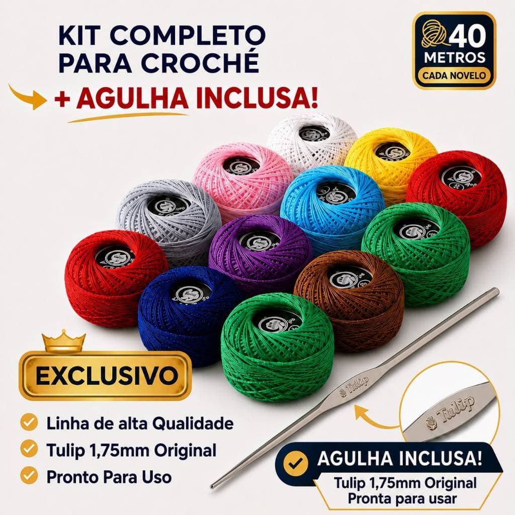 Kit Crochê Completo 12 Linhas Coloridas + Agulha Tulip 1,75mm para Amigurumi Bordado Artesanato Fio Algodão Fino