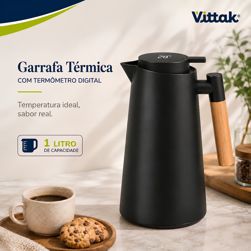 Vittak Garrafa Térmica 1L com Termômetro Digital LED Sistema Click Isolamento a Vácuo Preta