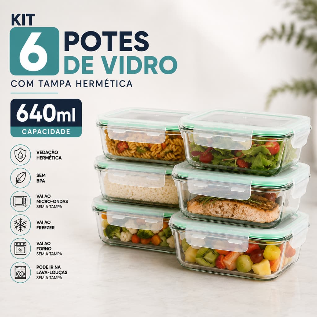 Kit 6 Pote Vidro 640ml Tampa Hermético Trava Fitness Marmita Cozinha Marmiteira Multiuso Organizador