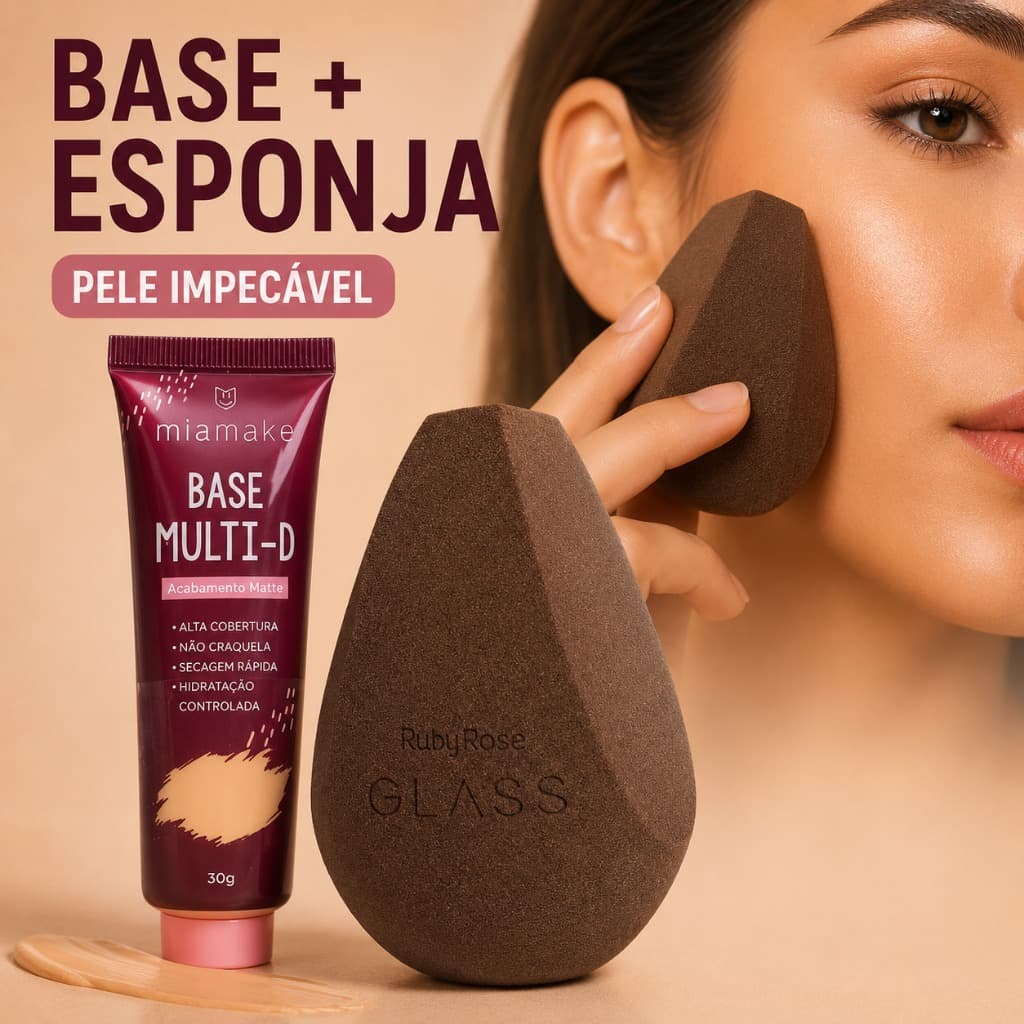 Kit base matte Mia Make + Esponja Glass Ruby Rose Base Liquida Alta Cobertura Make Maquiagem