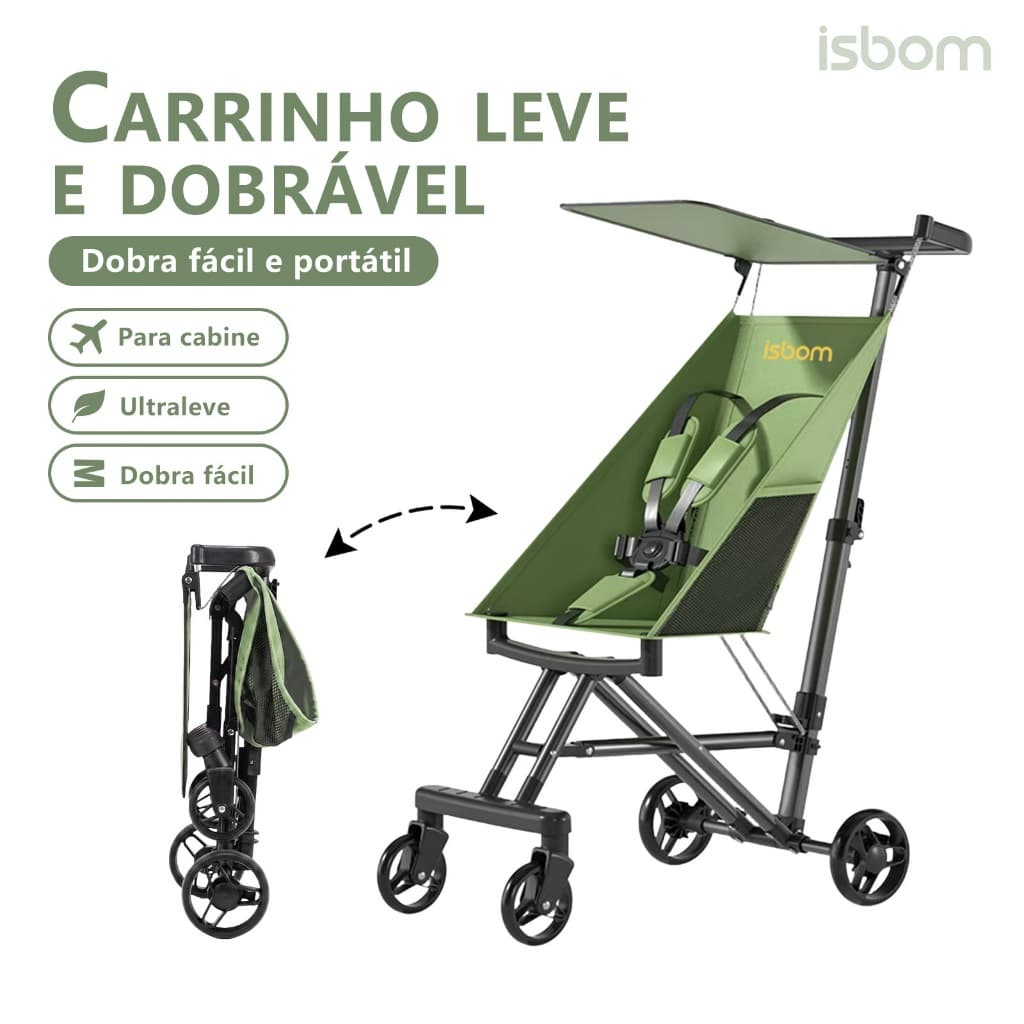 ISBOM Carrinho de Bebê Dobrável Leve e Portátil Passeio Diário 1 a 3 Anos - Verde