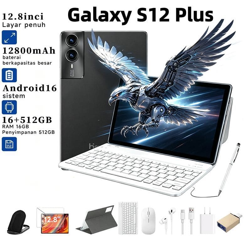 Tablet Galaxy S12 Plus 12.8" 16GB+512GB Android 14 | Tela HD 2K, Bateria 12800mAh, Câmera 58MP + 32MP, GPS, Alto Falante
