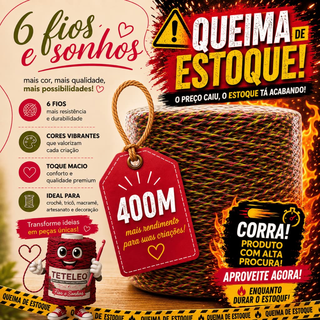 Barbante TeteLeo Queima De Estoque Nº 6 400 Metros – Fio Premium para Crochê |  Extra Macio, Sem Poeira e Não Desbota