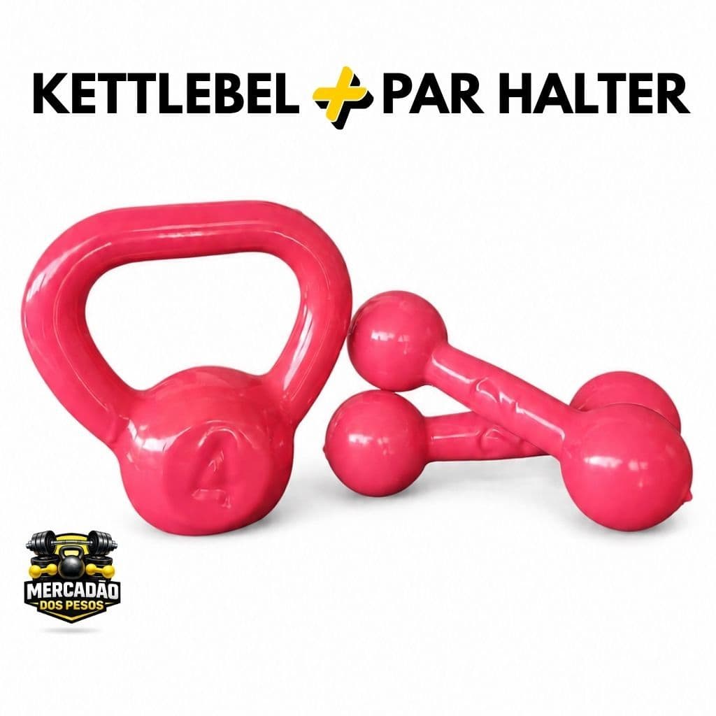 Kit Treino 3 Peso em Casa Academia  Halter Bola, Ketlebell Emborrachado Rosa - Academia, Crossfit, Pilates, Musculação