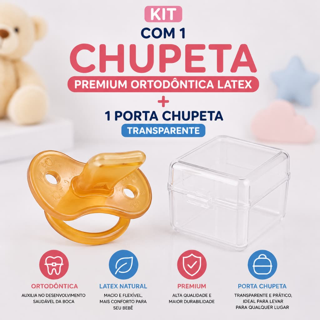 Kit 1 Chupeta Premium Ortodôntica Látex + 1 Porta Chupeta Transparente Bebê Infantil Prático
