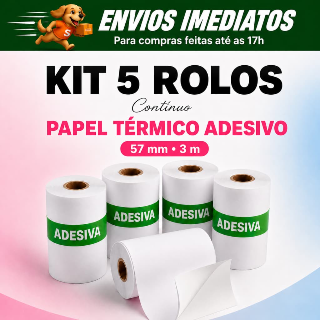 Kit 5 Rolos Bobinas Papel Continuo Adesivo Autocolante e 5 Sem Adesivo Para Mini Impressora Térmica Etiqueta Sem Tinta