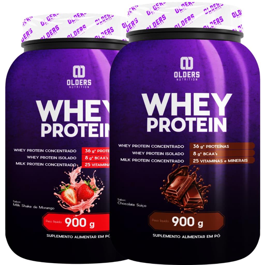 Kit 02x Suplemento Whey Protein Chocolate Suiço + Milk-Shake de Morango com Proteinas, Vitaminas e Magnesio