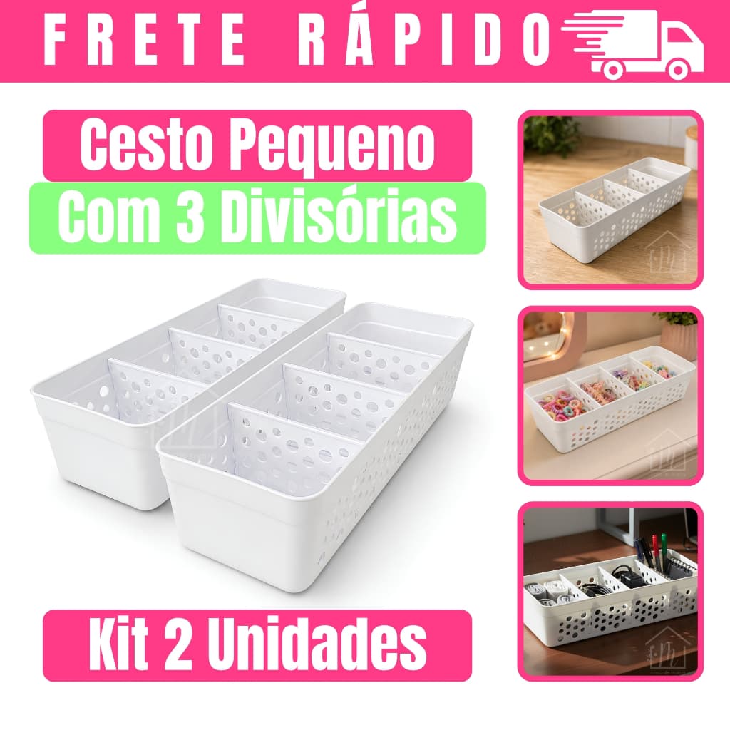 Kit De Cestos Organizador Com 3 Divisorias Removivel Pequeno Multiuso Para Armario Objetos Banheiro