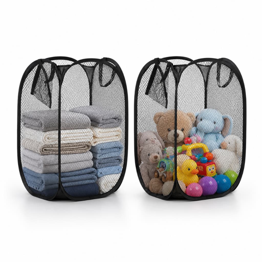 Kit 2 Cestos Organizadores Roupa Suja Dobráveis Grande 36x36x58cm Pretos Lavanderia Banheiro Quarto Brinquedos Multi-Uso