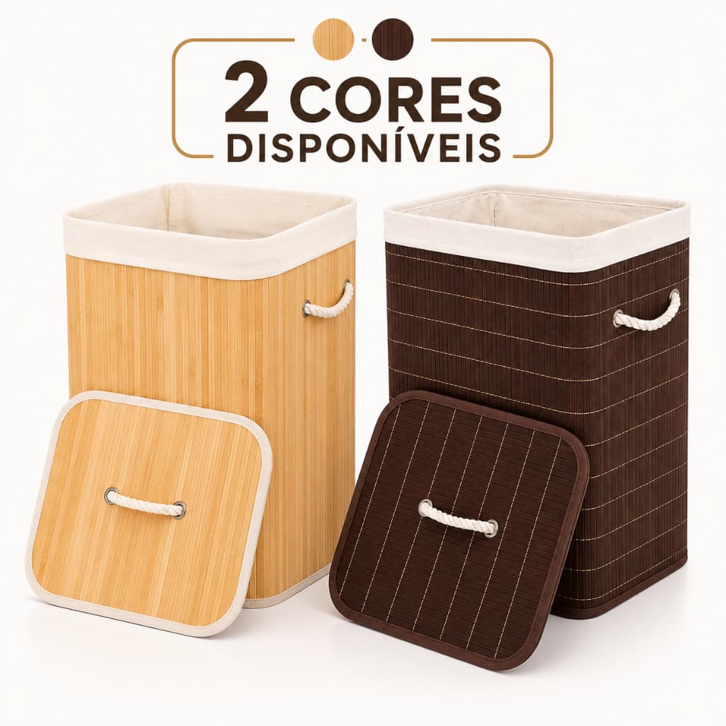Cesto Organizador de Roupas 70L Bambu com Tampa e Alças para Lavanderia Quarto Banheiro