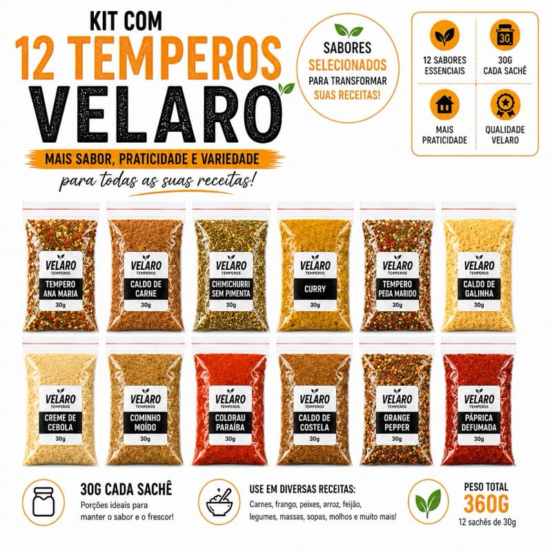 Temperos para Cozinha Carnes Frango Arroz e Feijão Kit 12 Sabores 30g Cada 360g Condimentos e Especiarias
