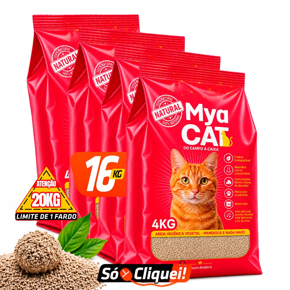 Kit 4 Pacotes Areia Sanitária Para Gato Mya Cat Mandioca 16KG Granulado Biodegradável Forma Torrões Evita Odores