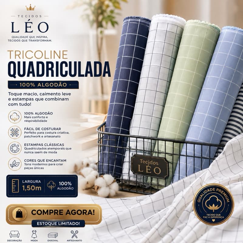Tecido Tricoline Estampada Xadrez Quadriculada 100% Algodão – Tecido para Patchwork, Artesanato, Vestidos e Camisas