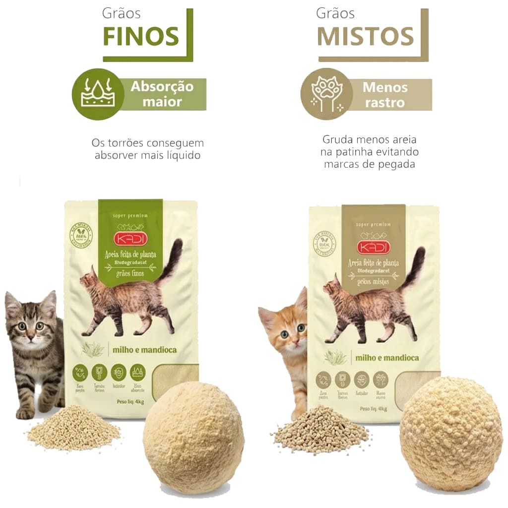 Areia Sanitária Biodegradável 4kg Para Gato Higiênica Grãos Finos ou Mistos Kadi Granulado Mandioca e Milho Vira Torrões