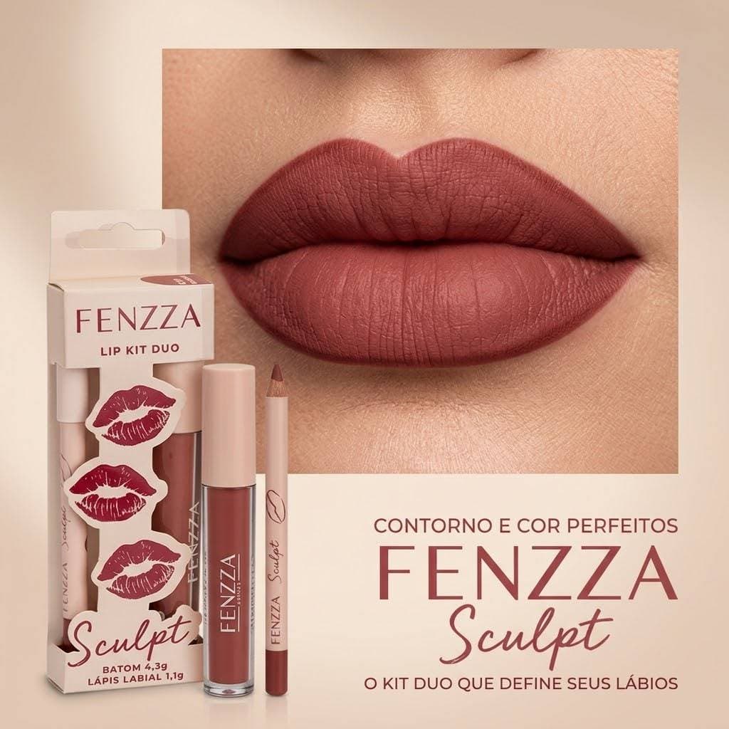 Kit Batom Líquido Matte + Lápis Labial Duo Sculpt Fenzza Longa Duração Lábios Perfeitos